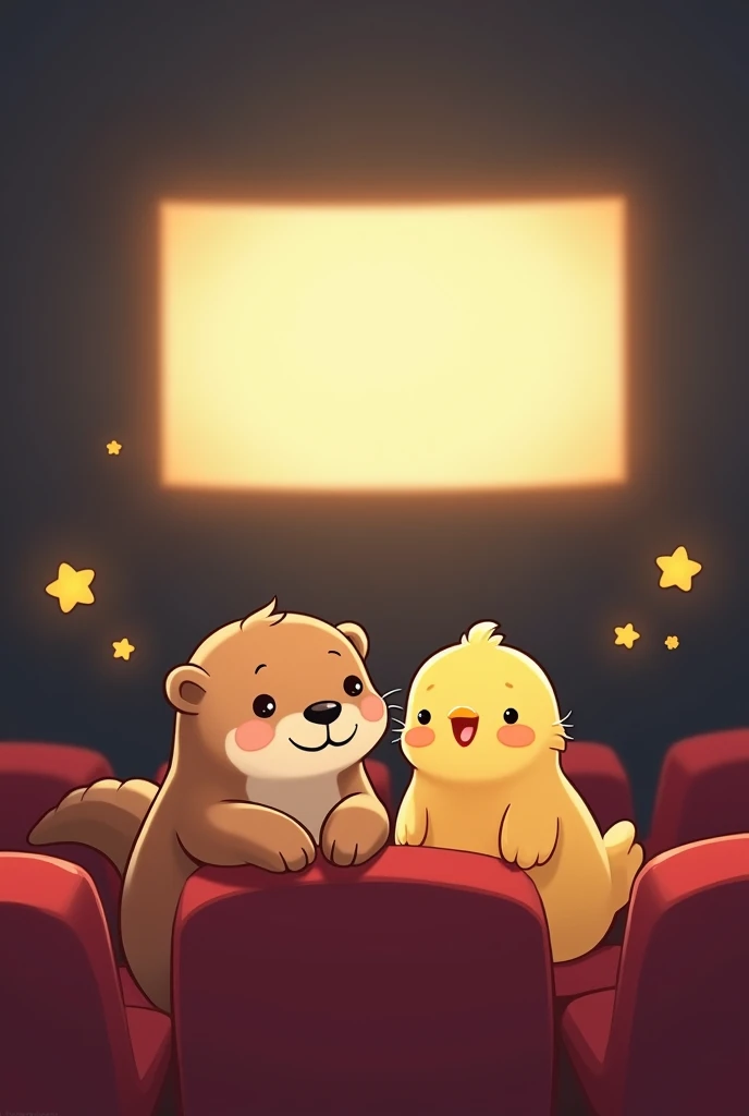An otter and a chick in the cinema, drawn as cute simple emojis