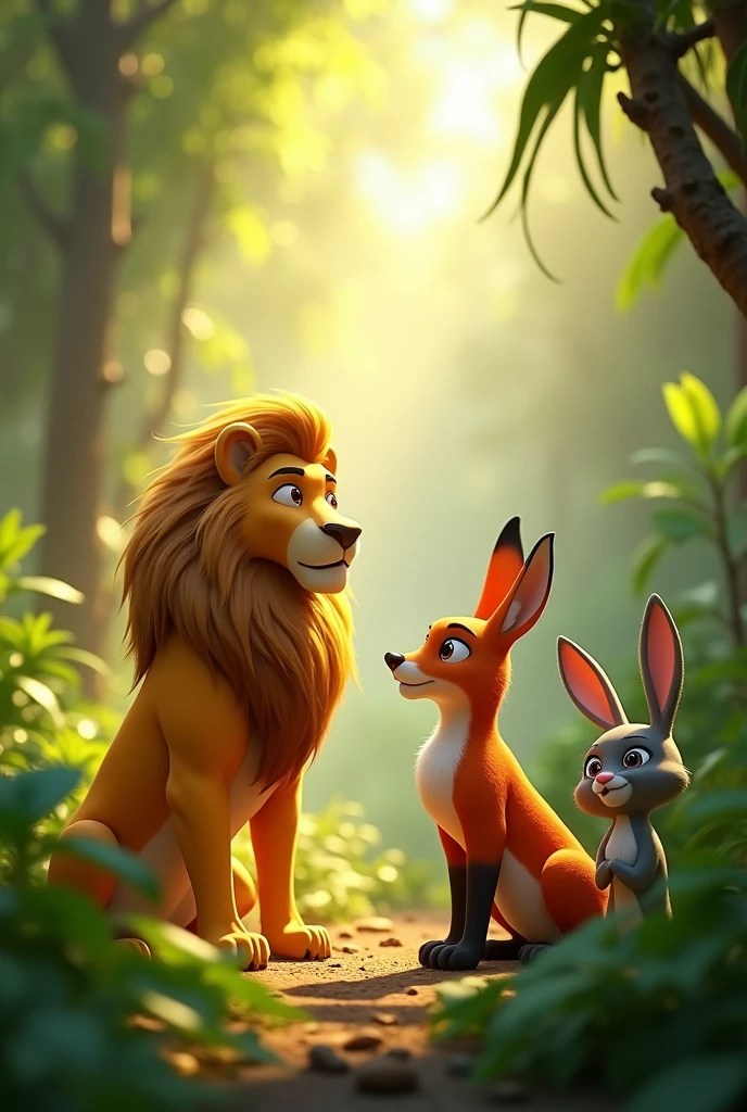 In 3d animation style’ 1. Shining Sunlit Jungle Scene: A vibrant jungle with dense trees and greenery, featuring a majestic lion, a sly fox, and a cute rabbit gathered together. The lion is portrayed with a proud expression, while the fox looks cunning, and the rabbit appears thoughtful, planning the race ahead.