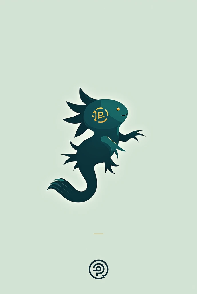A minimalist logo design featuring a stylized axolotl as the symbol of Pejecoin, clean lines with a modern, tech-inspired aesthetic, the axolotl’s body forming a coin shape with subtle crypto-themed details, rendered in a bold and contrasting color scheme with shades of teal and gold