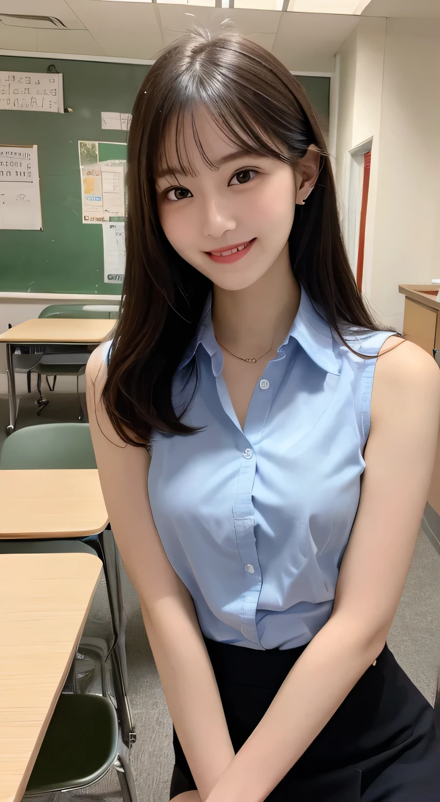 Tabletop, Highest quality, figure, Very detailed, In detail, High resolution, 8k wallpaper, Perfect dynamic composition, Beautiful attention to detail, Straight hair,Small breasts、Natural color lip, Randomly sexy poses,smile、20-year-old girl、cute、sexy shot looking at camera,Perfect and beautiful face、Sleeveless shirt、Collared shirt、24-years-old、female teacher、mermaid skirt、smile、Simple Necklace、staff room、School、