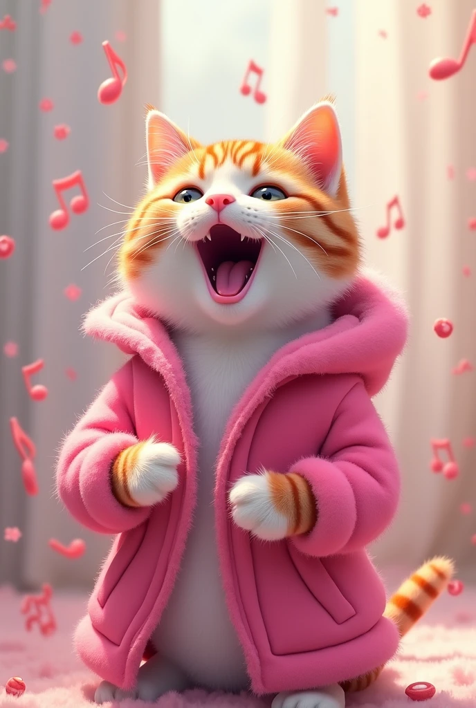 A cat in a pink jacket singing