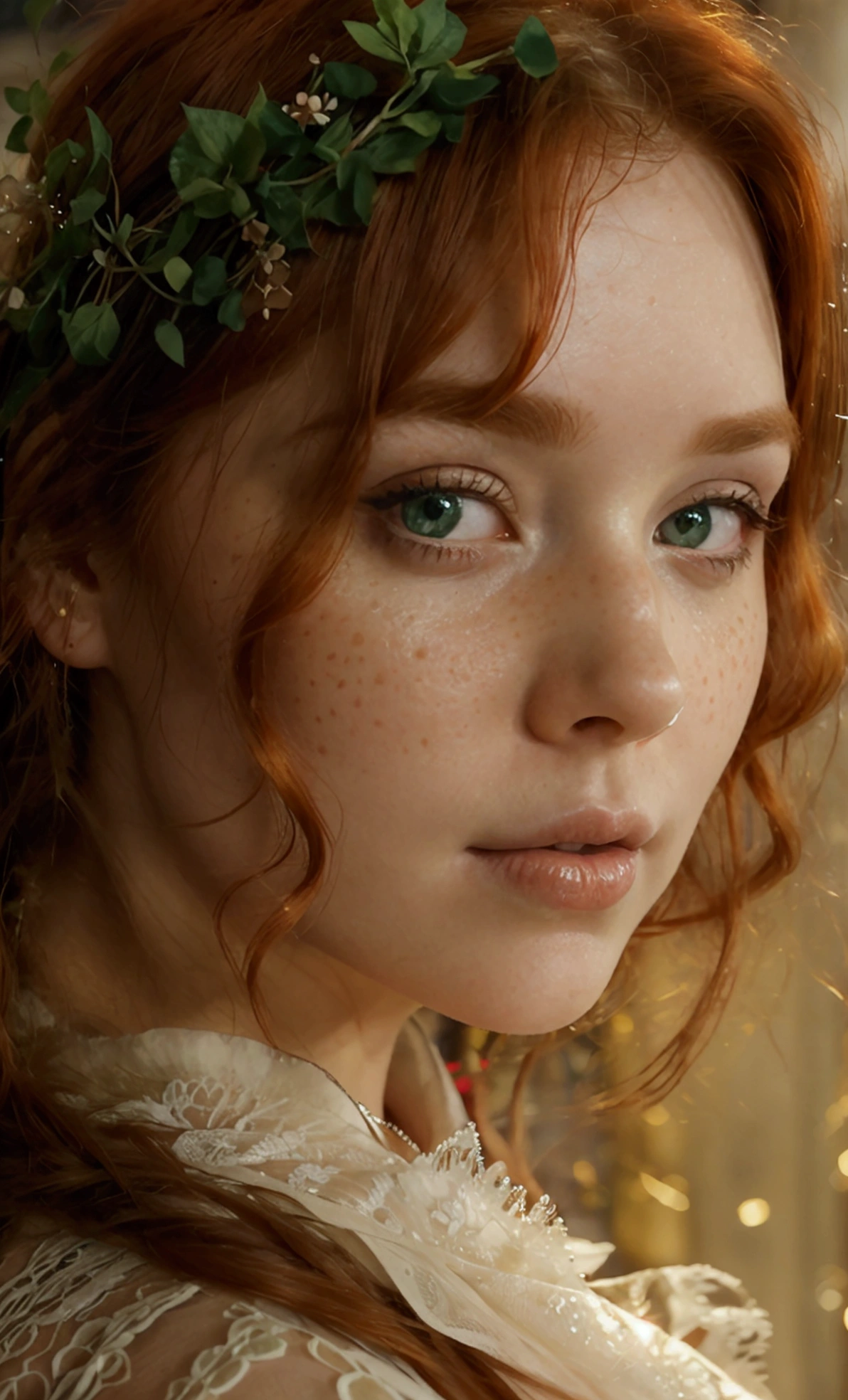 A breathtaking, full-bodied Celtic woman adorned with flaming red hair that falls over her shoulders, adorned with a sprinkling of freckles on her nose and cheeks. Her emerald green eyes glow with an otherworldly allure, captivating the eye of any observer.
A charming redhead with an hourglass silhouette, parading elegantly along a cobblestone street in Paris. She wears a short, sexy dress. The soft glow of twilight casts a warm light on her, accentuating her playful confidence. In the background, the Eiffel Tower sparkles against a canvas of starry night sky, while vintage street lamps illuminate the scene with a romantic ambiance. The atmosphere is infused with hints of Parisian café culture, as delicate pastries and blooming flowers adorn the nearby café tables