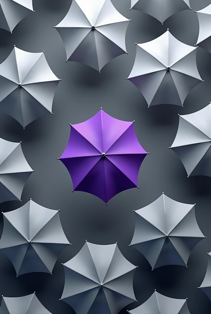 several gray umbrellas seen from above and a purple one in the middle of them, standing out