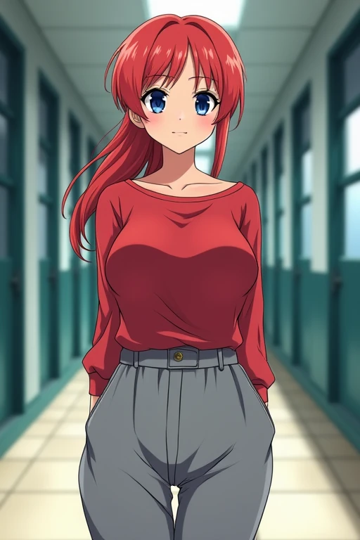 Anime Japanese female High school student Uniform Red hair Long hair Low ponytail Blue eyes Scarlet shirt Oversized light grey slacks Large breasts Big butt School hallway