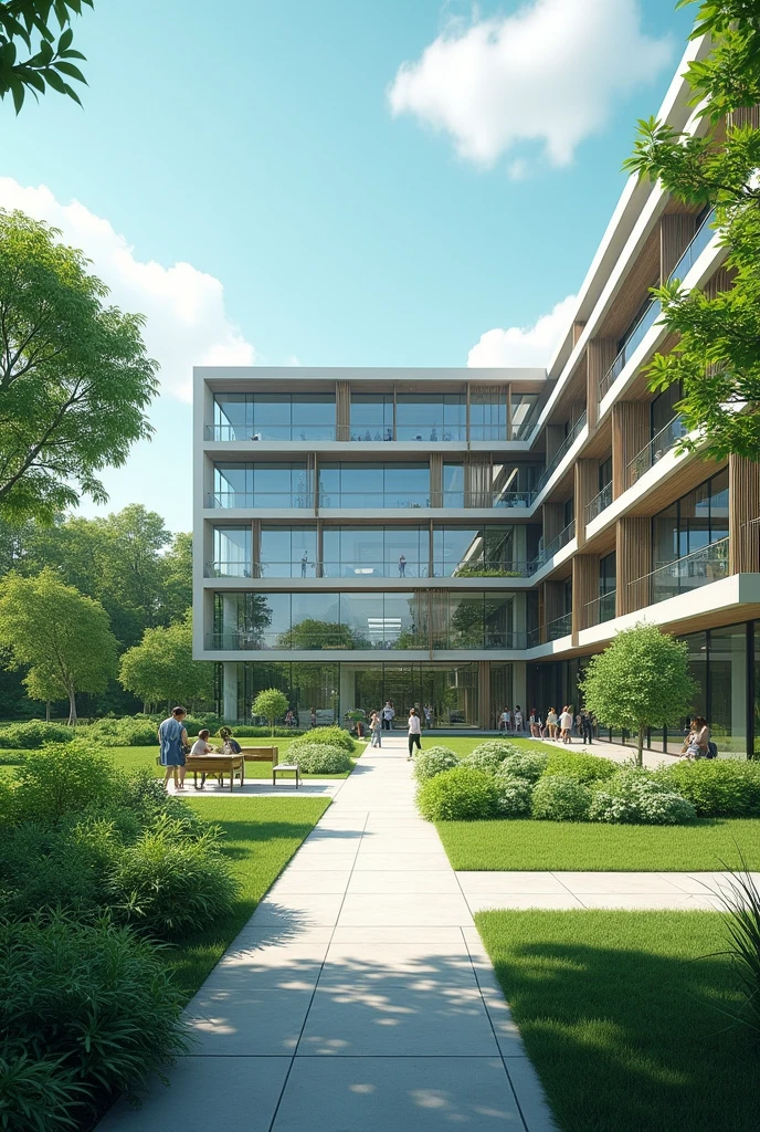 I want an animated image of a company that is a large and spacious building with green areas, 
 and that the Company&#39;s name is Rw