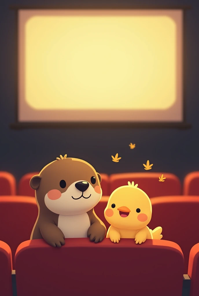 An otter and a chick in the cinema, drawn as cute simple emojis