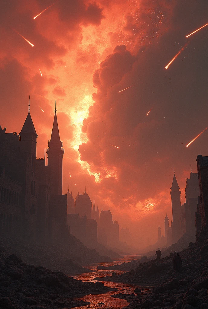 A medieval city destroyed and a meteor shower destroying everything