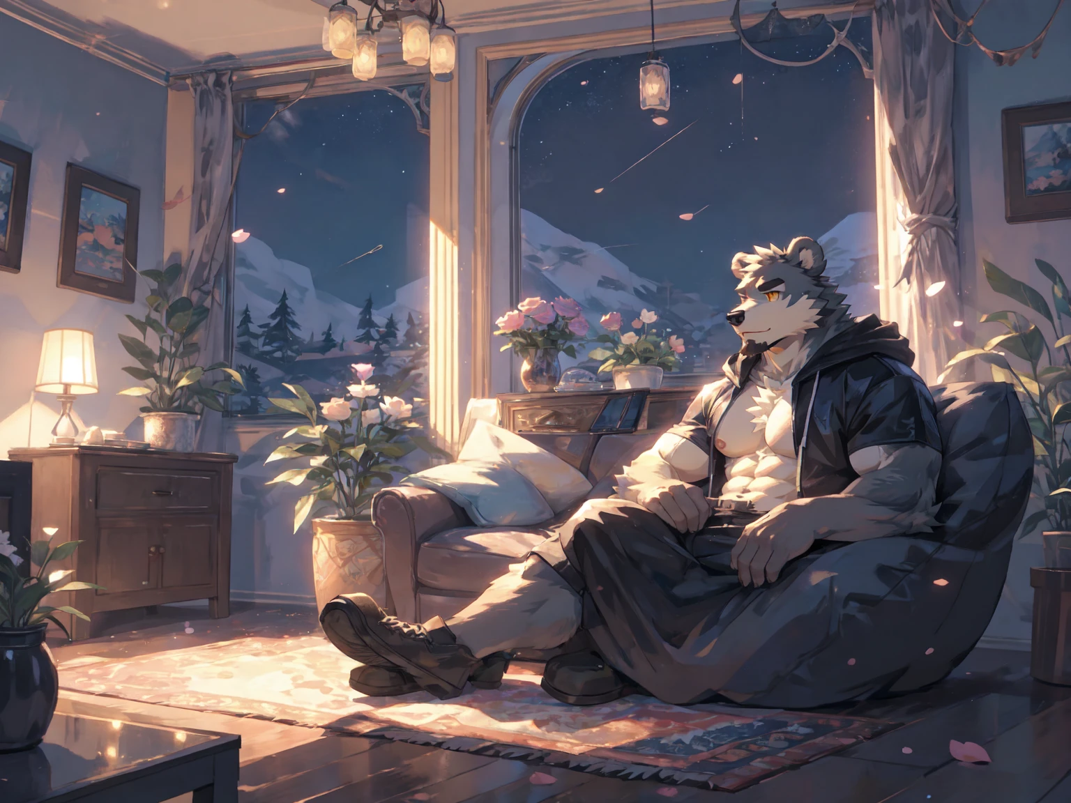 (masterpiece:1.2), best quality,pixiv,official art,perfect anatomy, (Ray tracing, light),solo, (1_male:1.3) , (muscle), (grey fur:1.4), (muscle bear), (beard:1.2), (gleaming golden eyes), bear tail, full body, Thick black eyebrows,(open short hoodie), (naked inside:1.2),cargo shorts, black short boots, (indoor:1.3),room, living room, flower, petal, star, sky , starry, rose ,milky way,rest on sofa, beanbag, beanbag sofa