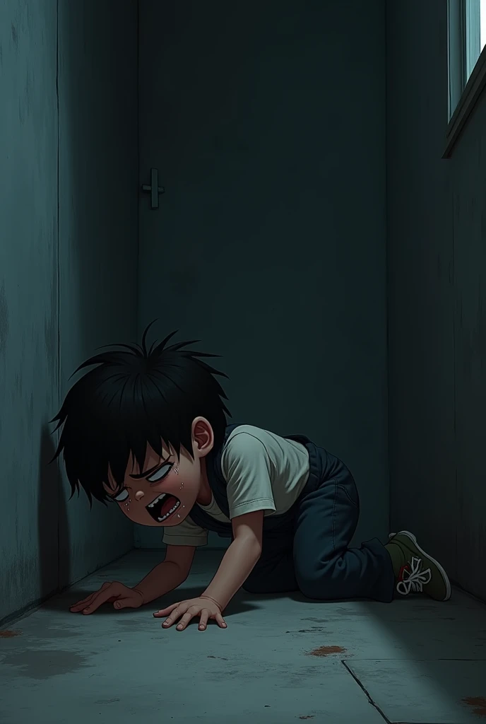 Black haired boy falls and cries in a dark room 