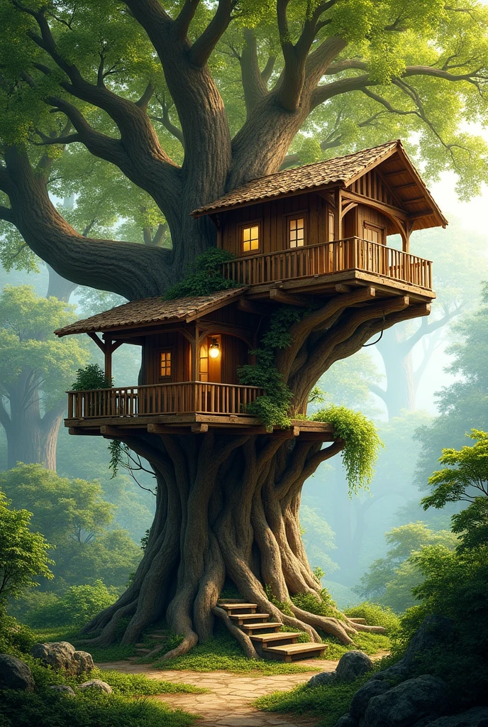 Make a tree house, the house has to be the tree, two-story