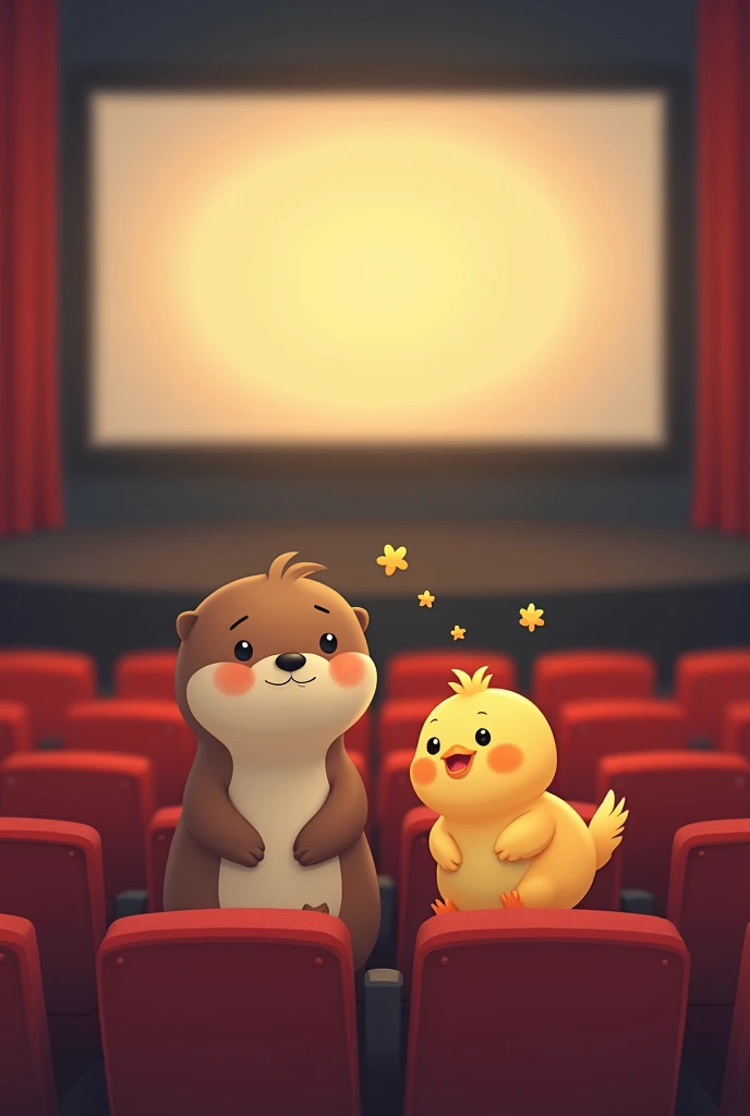 An otter and a chick in the cinema, drawn as cute simple emojis