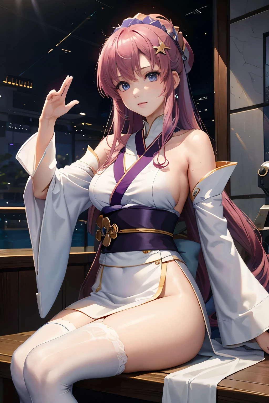 （（（Highest quality、first class、masterpiece、Normal body、8k、Detailed face、Ultra-precision、normal hand、Normal refer to、５refer to、Highest）））、Lacus Clyne、"Gundam SEED"、Purple kimono、White haori、kimono skirt、universe船、universeBattleship、Battleship、captain、captain席、sit down、Give instructions with one hand stretched out straight in front of you、Battleship内、Command Room、universe、