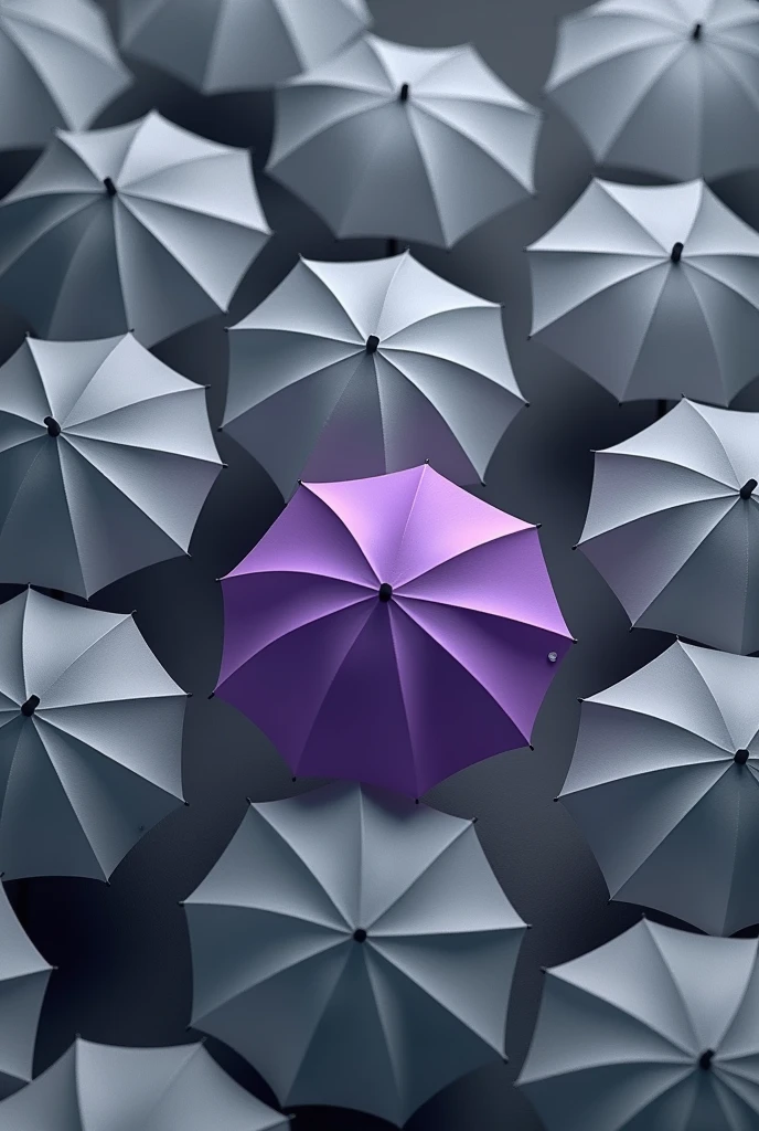several gray umbrellas seen from above and a purple one in the middle of them, standing out