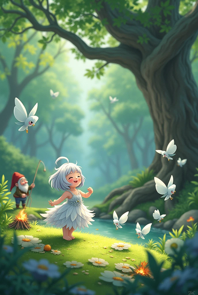 Highest quality, Ultra-high resolution,  Anime Style、(Happy scene), Transparent silver hair、Feather-like costume,Palm-sized fairies、 (background、big tree forest、stream、A little moss、sunlight)、 (A dwarf catching a fish with a bamboo fishing pole):1.1、(Observing fairies)、(Ayu fish、Small bonfire、Grilled sweetfish skewers)、