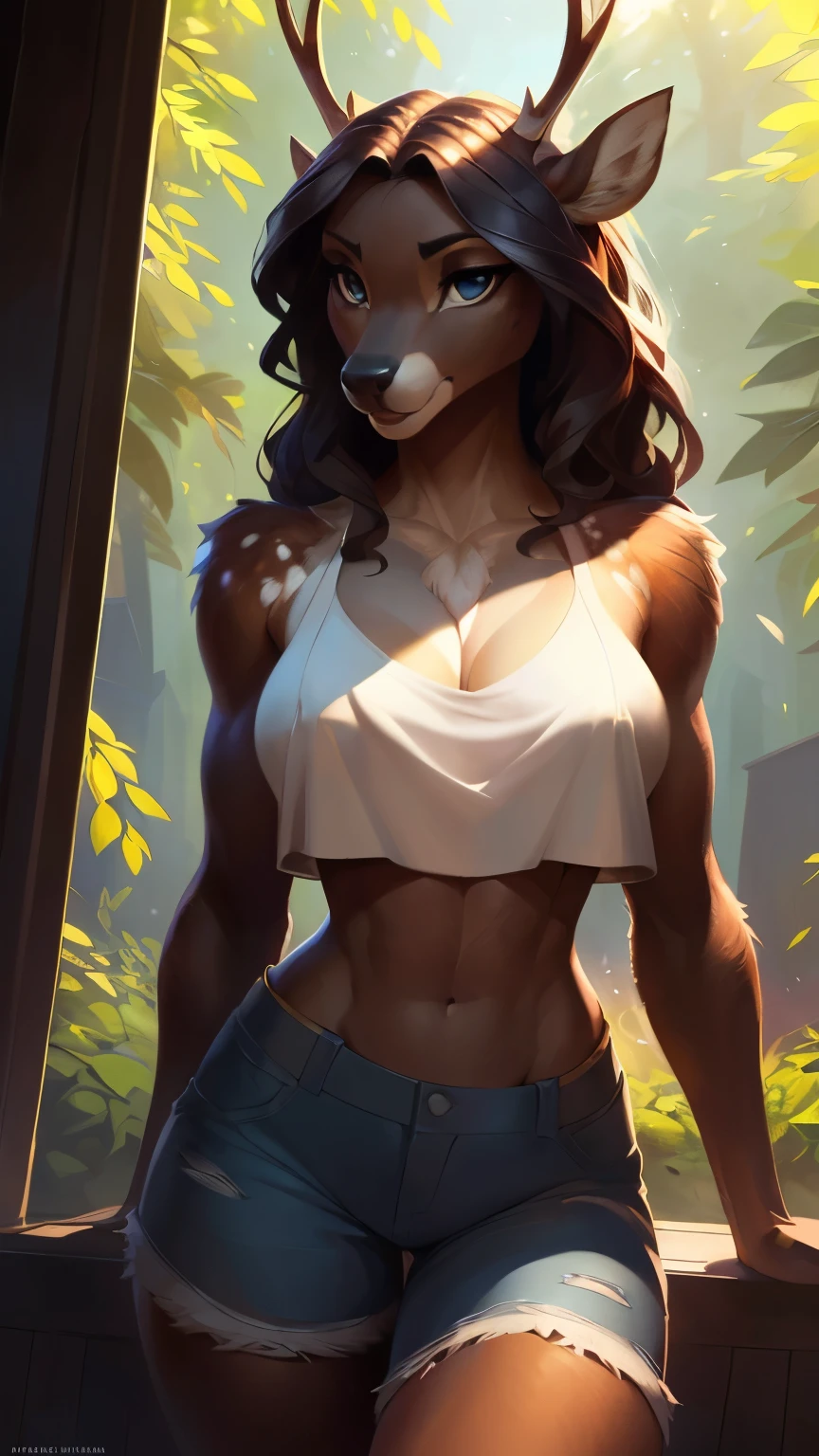 uploaded on e621, by Pixelsketcher, by Bayard Wu, by Thomas Benjamin Kennington , by Einshelm, solo anthro, (( Portrait)), BREAK, (detailed Bonifasko lighting), natural goddess, (Detailed fur), (detailed skin), BREAK, (Cinematic lighting), ((Detailed background)), (half body shadow), [Backlighting], [crepuscular ray], [Detailed ambient light], [gray natural lighting], (higher wildlife feral detail), [sharp-focus], (shaded), ((Masterpiece), big hips, Average Breasts, pectorals, commission for high res, Furry art, pov furry art, Sakimichan is beautiful, Masterpiece, Best Quality, Detailed image, Bright colors, Detailed Face, perfect  lighting, Perfect shadows, Perfect eyes, focus on girl, flawless face, gorgeous body, Hourglass body, shiny body, legs focus, Ears last year, fluffy woman, Body fur, Animal nose, muzzle, two-toned fur, gaze at the viewer, half closed eyes, 1girl, full - body, (Masterpiece:1.21), (Best Quality:1.2), (illustartion:1.2), (Cinematic lighting:1.3), Detailed fur, Balanced colouring, Global Illumination, Ray Tracing, good lighting, BREAK, muscular deer girl, furry deer, long wavy hair, farm girl, ripped off jeans shorts, white blouse, Crop top, under boob, toned muscles, outdoorsy, tongue out drooling