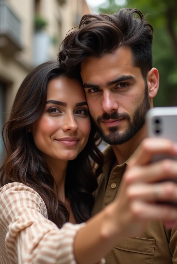 Brunette with wavy hair wearing a dress and taking a selfie with her boyfriend hugging her ,like an amateur photo, he has short, wavy black hair and a very short beard