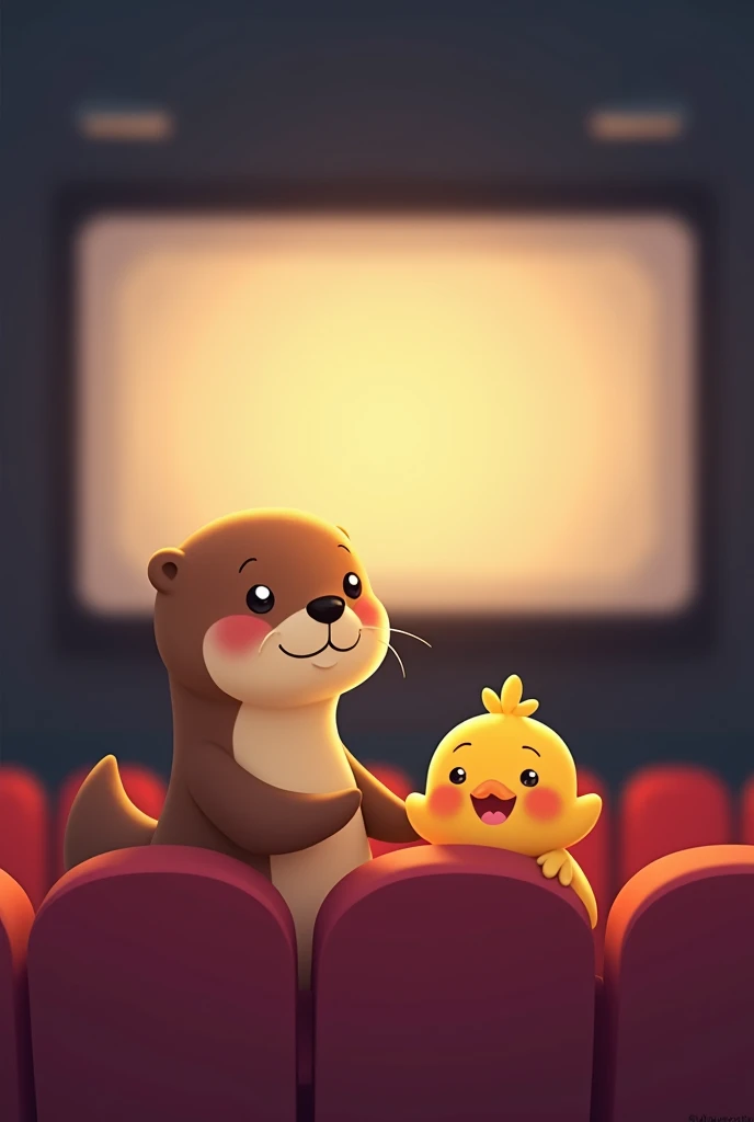 An otter and a chick in the cinema, drawn as cute simple emojis