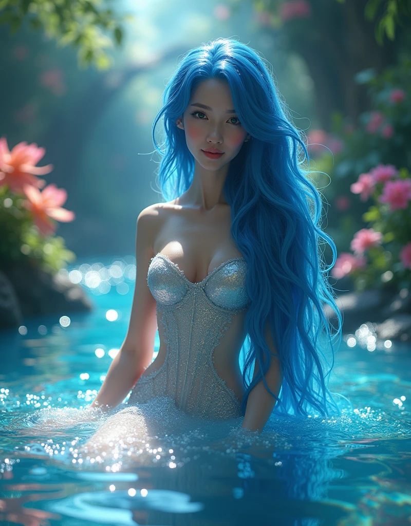 beautiful girl, semi naked long blue hair, beautiful girl sitting in water, dress made of liquid, Water Nymph, Water Fairy, UHD photograph, Disney art professional cosplay, bright aura around her, Bright lights! Digital restoration 16k UHD, shiny and flowing hair, shiny and flowing hair, Beautiful, fantasy otherworldly landscape plants flowers, gorgeous, Masterpiece, Best quality, professional photo, hyper realistic, amazingly beautiful, perfect body
