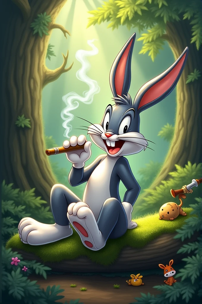 Bugs Bunny with red eyes and a lit joint in his mouth. Improve