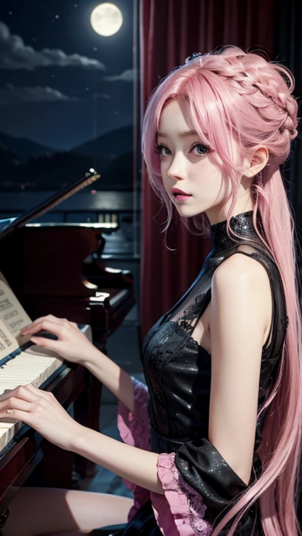 Pink Hair。Playing the grand piano。Moonlight。Enchanted。stylish place。