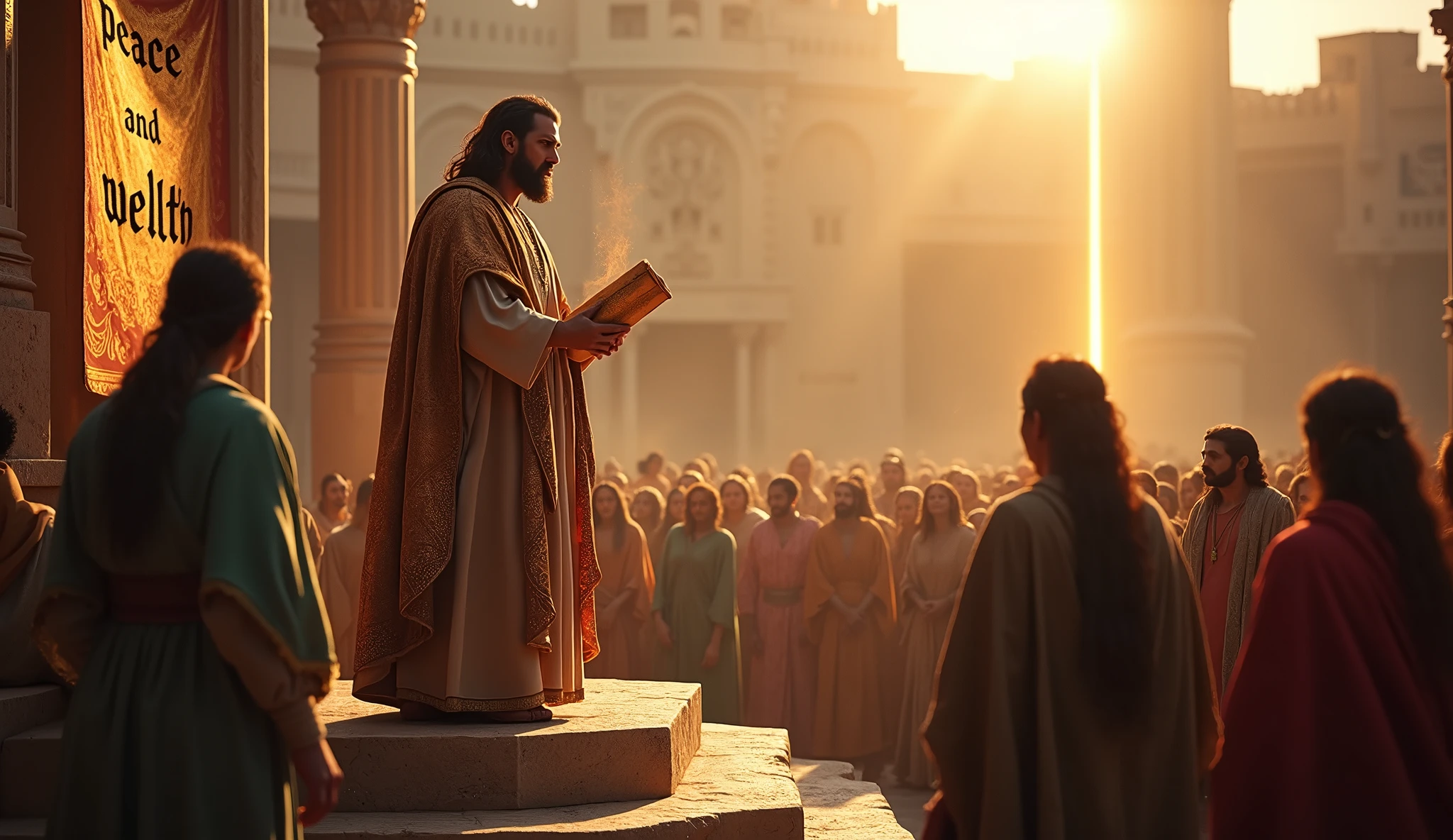 Create a hyper-realistic and mysterious image of a public square, where Solomon stands on a raised stage, speaking to a large crowd that listens to him attentively. He is dressed in a woolen tunic with gold trim and a richly ornamented cloak., holding an open scroll with a golden glow, as the light of the setting sun illuminates the scene. The crowd, dressed in simple tunics and colorful cloaks, is silent, absorbing your words. At the back of the stage, there is a banner that displays the words 'Peace and Wealth'. The scene should symbolize that sharing this knowledge with others is an act of love and that together we can build a successful life., security and abundance.