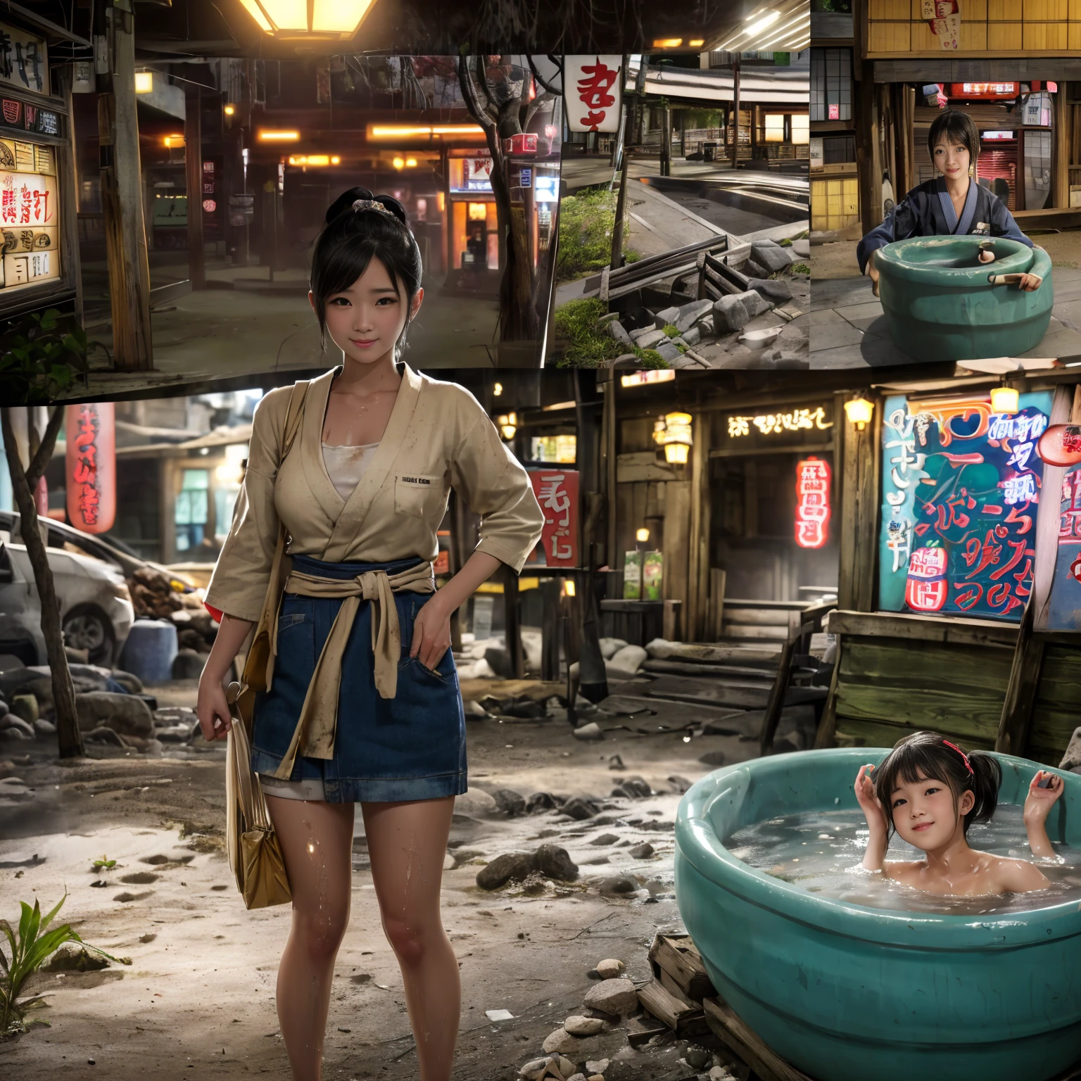 (((masterpiece、Highest quality)))、(((Three girls、beautiful girl、、Detailed and cute face、Big beautiful eyes、smile)))、((Showa Retro:1.2、Standing Bar、Hot Spring Town、Haunted house、Hot spring facilities、Special baths、stage、Iron bars、boiler))、Places to visit in Japan、Standing Bar、みんなで楽しくdiet、(Nipples、Pussy、Anal)、(Poor conditions、smile、Japan's poor neighborhoods、Dim and unsanitary、Crumbling underground shopping mall:1.3)、屋台のdiet店、sewage、Dirty shop、street vendors、Unsanitary and abandoned city、smile、diet、Poor person々