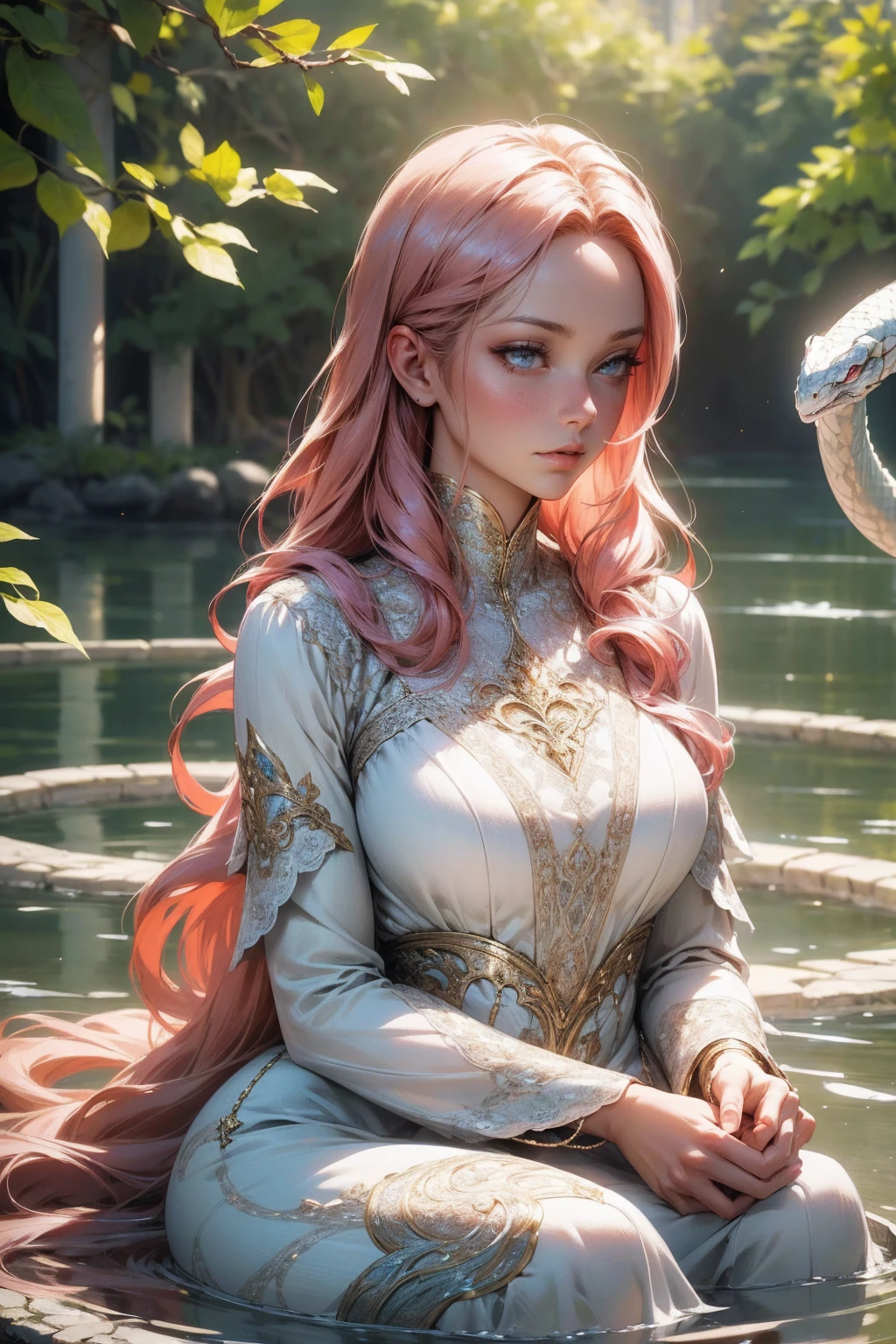 {-erro_de_anatomia:1.0}(best quality,4k,8k,highres,masterpiece:1.2), ultra-detailed, (realistic,photorealistic,photo-realistic:1.37), mature milf, illyasviel von einzbern, redhead hair, upper body, vibrant colors, glowing skin, mesmerizing eyes, brown eyes, elegant pose, enchanting background, delicate lace dress, surreal lighting, ethereal atmosphere, mystical aura, intricate details, artistic medium, digital illustration, fantasy, anime, sitting on the water looking at viwer, white snake