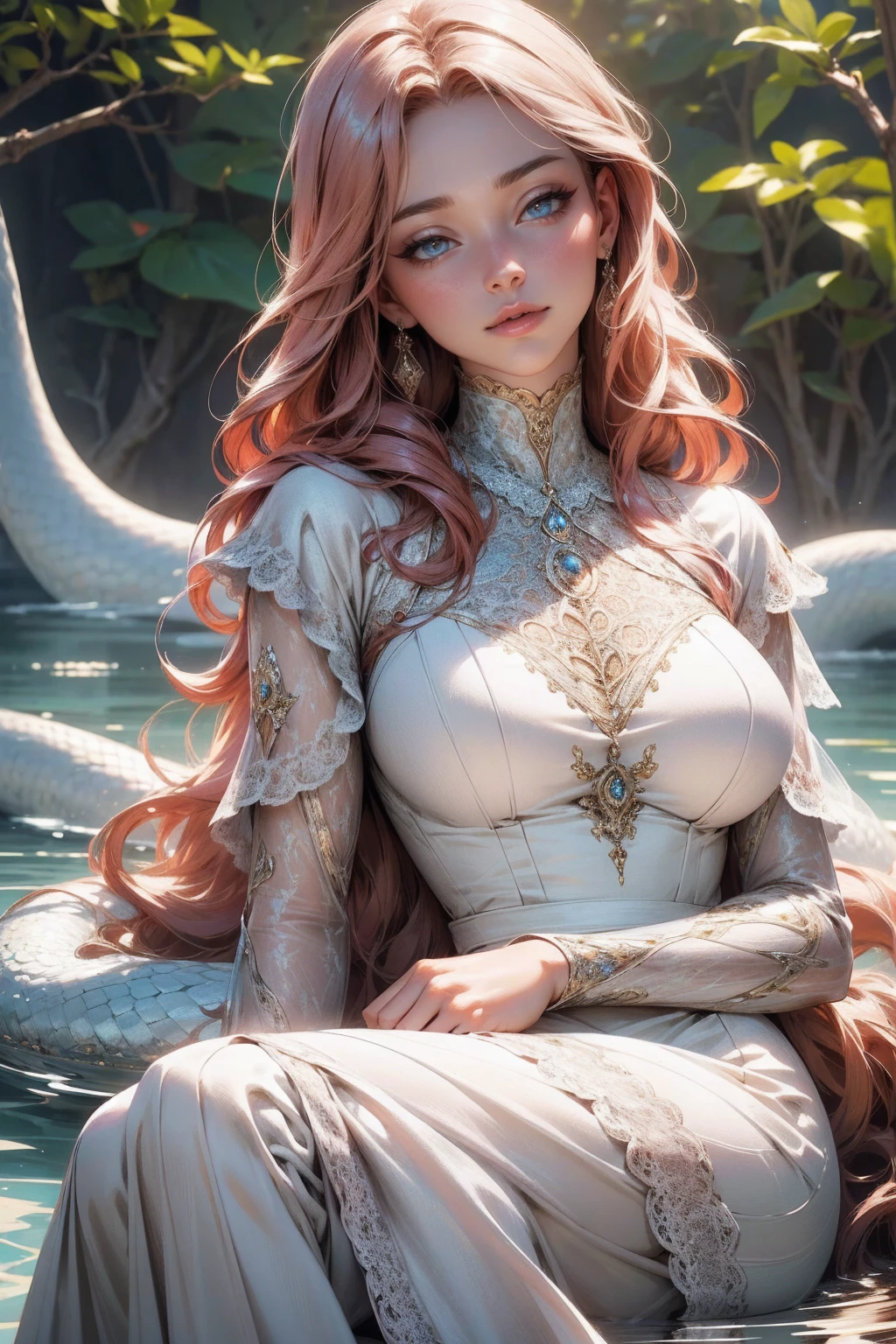 {-erro_de_anatomia:1.0}(best quality,4k,8k,highres,masterpiece:1.2), ultra-detailed, (realistic,photorealistic,photo-realistic:1.37), mature milf, illyasviel von einzbern, redhead hair, upper body, vibrant colors, glowing skin, mesmerizing eyes, brown eyes, elegant pose, enchanting background, delicate lace dress, surreal lighting, ethereal atmosphere, mystical aura, intricate details, artistic medium, digital illustration, fantasy, anime, sitting on the water, backwards, looking back, kissing a white snake