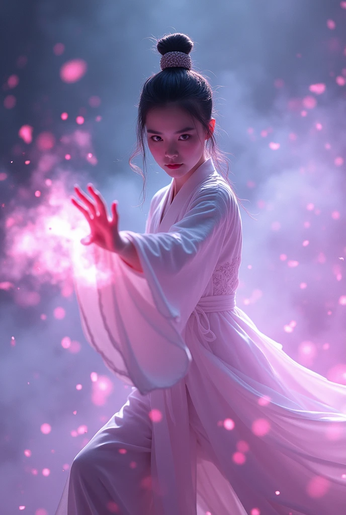 (Close up), uhd, epic, cinematic still frame, sharp focus, craft a hyper realistic photo of most attractive and beautiful Wuxia girl (Dilraba Dilmurat), (beautiful face)、(((1 juvenile,full bodyesbian,tear-mole:)))full bodyesbian,Sharp eyes,Clear facial features,wearing a lace hanfu,White robe,Fighting,Strong dynamic posture,The body is surrounded by purple mist,Runes surround you,tai chi martial arts action,Holographic reality,holographic halo,dynamic blur,Game lighting effects,rim-light,Soft light,cinematic rim light,The light is delicate, Qi explosion,