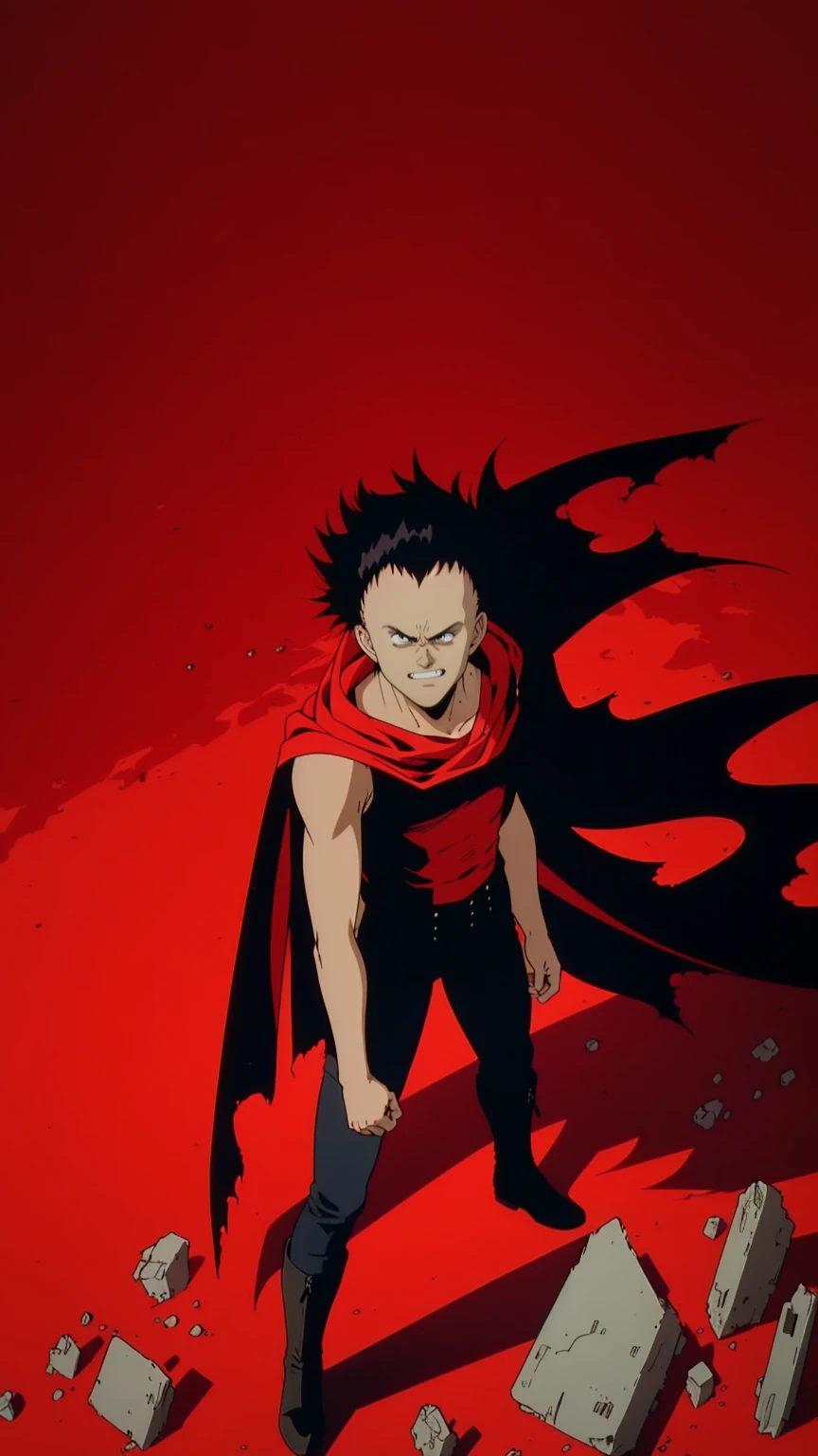 A psycho boy standing on a pile of rubble, looking up, male focus, white_sleeveless shirt, black_pants, black_boots, torn red cape, (best quality, high resolution, outstanding composition, masterpiece:1.4), (bright red background, simple background:1.5), (from above:1.2), (manga linework:1.2), high details, author: Katsuhiro Otomo
