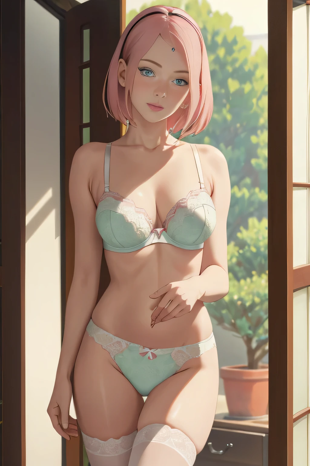 masterpiece, absurdres, sakura, 1girl, solo,mature female, white gothic lenjerie (bra and thong exposed), showing bra, looking at viewelling petals), perfect composition, detailed lips, perfect breast, beautiful face, body propotion, blush, (perfect lips), perfect hair, green eyes, soft gaze, super realistic, detailed, photoshoot, realistic face and body, thighhighs, standing pose