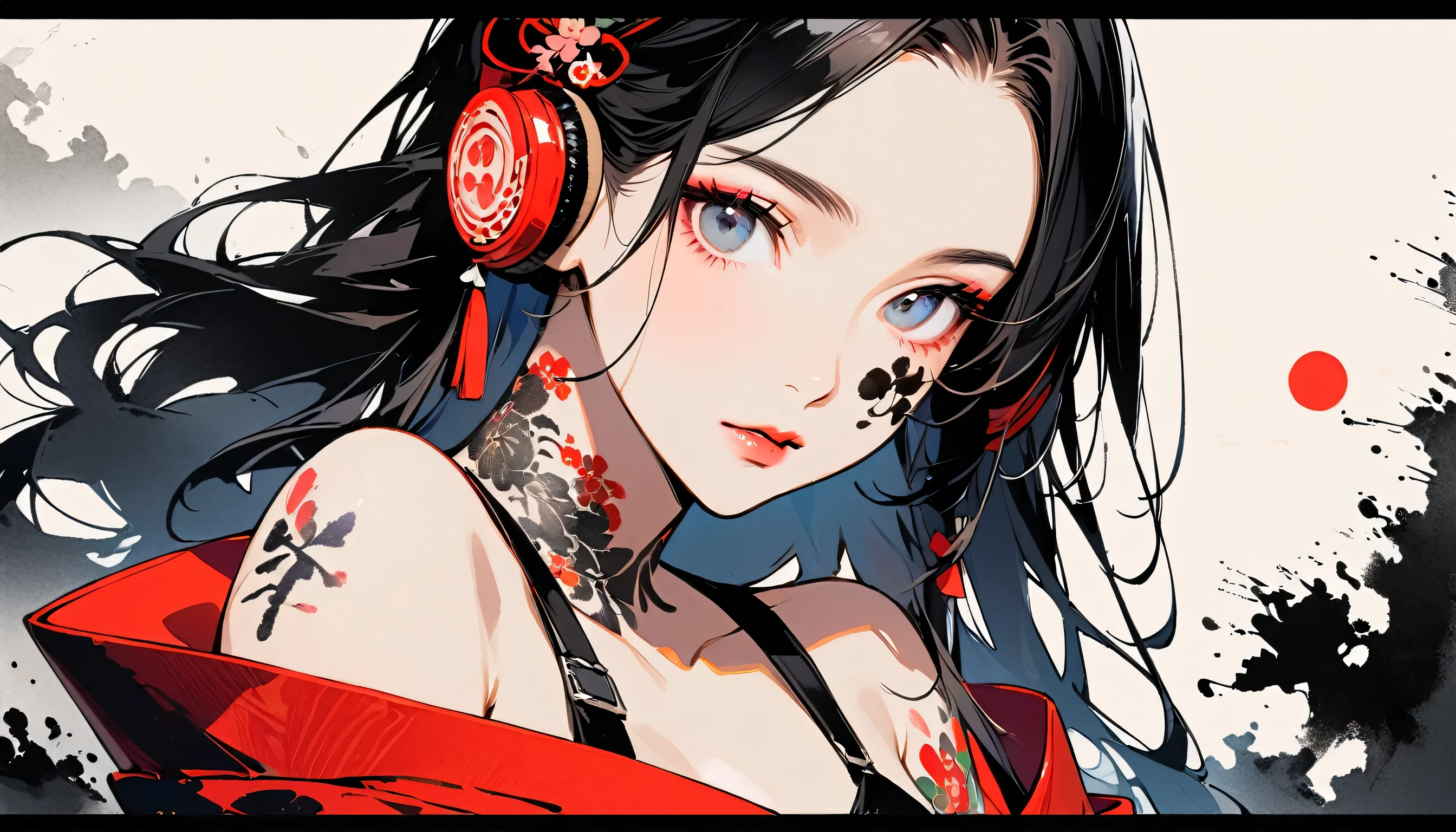 (((Oil painting'ink))), Photos couleur portrait de mode, (((1 fille))), (((face tattoo))), (((Beautiful hair accessories))), Japanese style headphones, face close-up, Japan人の美少女, black har, Delicate and precise,Japan, Japanese flag