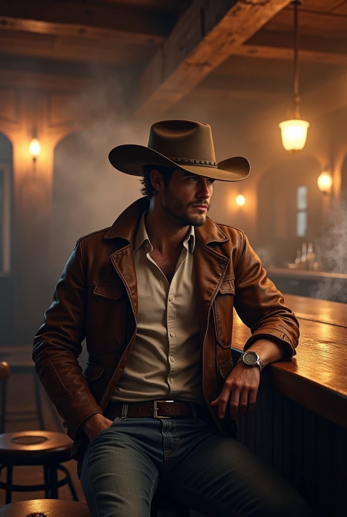 A handsome cowboy man sitting in a bar