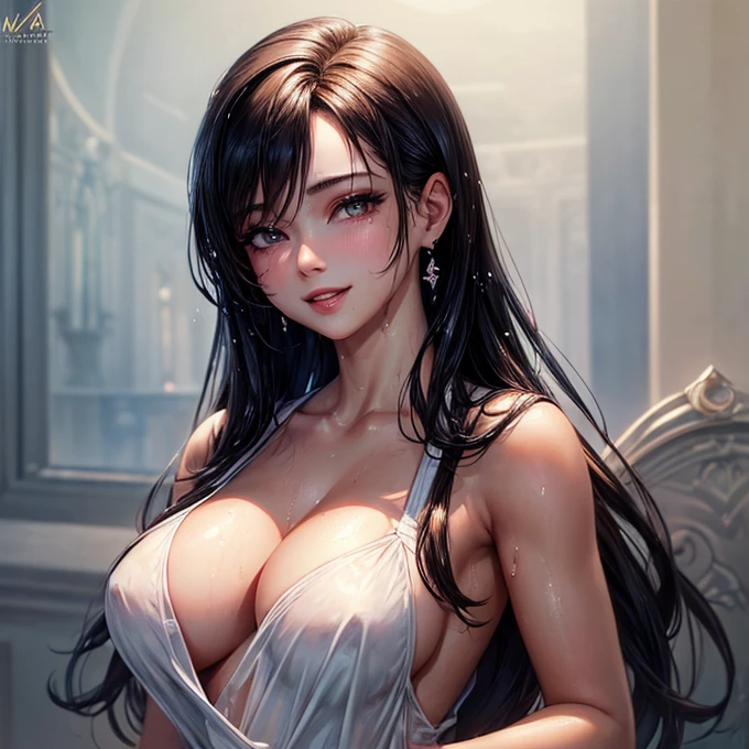 (Highest quality, masterpiece: 1.3), : 1, sexy: 1.5, Tifa Lockhart　(Wet body: 1.2), Nightgown, beautiful, Cleavage, Ultra detailed face, Detailed lips, Detailed eyes, double eyelid, sexy, smile, 　attractive vagina　A penis grows out of the vagina