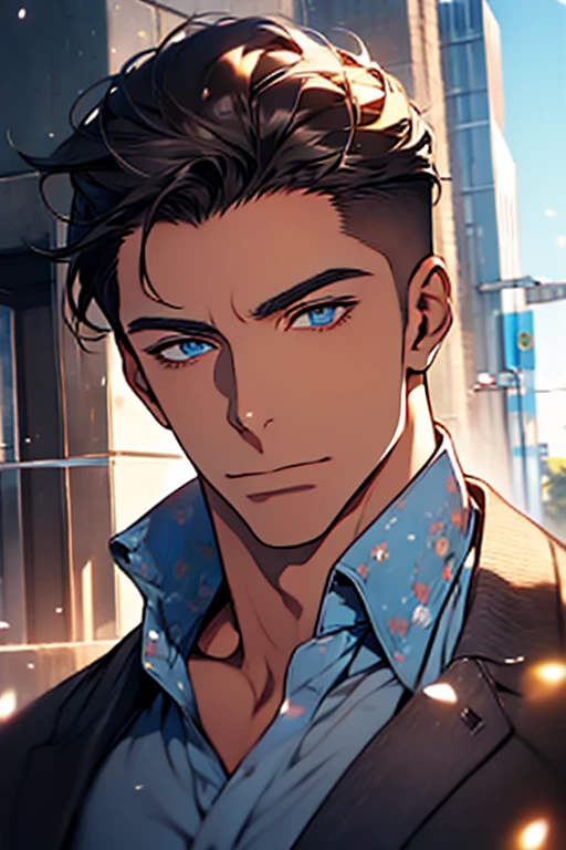 (Best Quality,4k,8k,high resolution,Masterpiece:1.2),ultra detailed,(realist,photorealist,photo-realist:1.37),1 man,31 years,mature man,very handsome,without expresion,muscled body,short gray black hair,Blue eyes,glare,perfect face without mistakes,imposing posture,businessman,office background,cinematic lighting,imagen HDR