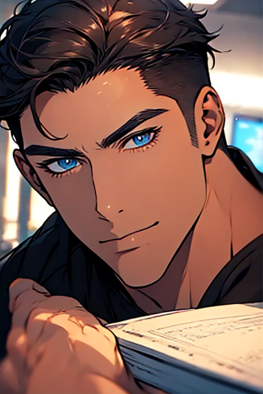 (Best Quality,4k,8k,high resolution,Masterpiece:1.2),ultra detailed,(realist,photorealist,photo-realist:1.37),1 man,31 years,mature man,very handsome,without expresion,muscled body,short gray black hair,Blue eyes,glare,perfect face without mistakes,imposing posture,businessman,office background,cinematic lighting,imagen HDR