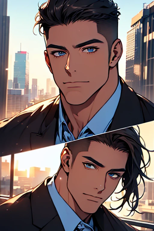 (Best Quality,4k,8k,high resolution,Masterpiece:1.2),ultra detailed,(realist,photorealist,photo-realist:1.37),1 man,31 years,mature man,very handsome,without expresion,muscled body,short gray black hair,Blue eyes,glare,perfect face without mistakes,imposing posture,businessman,office background,cinematic lighting,imagen HDR