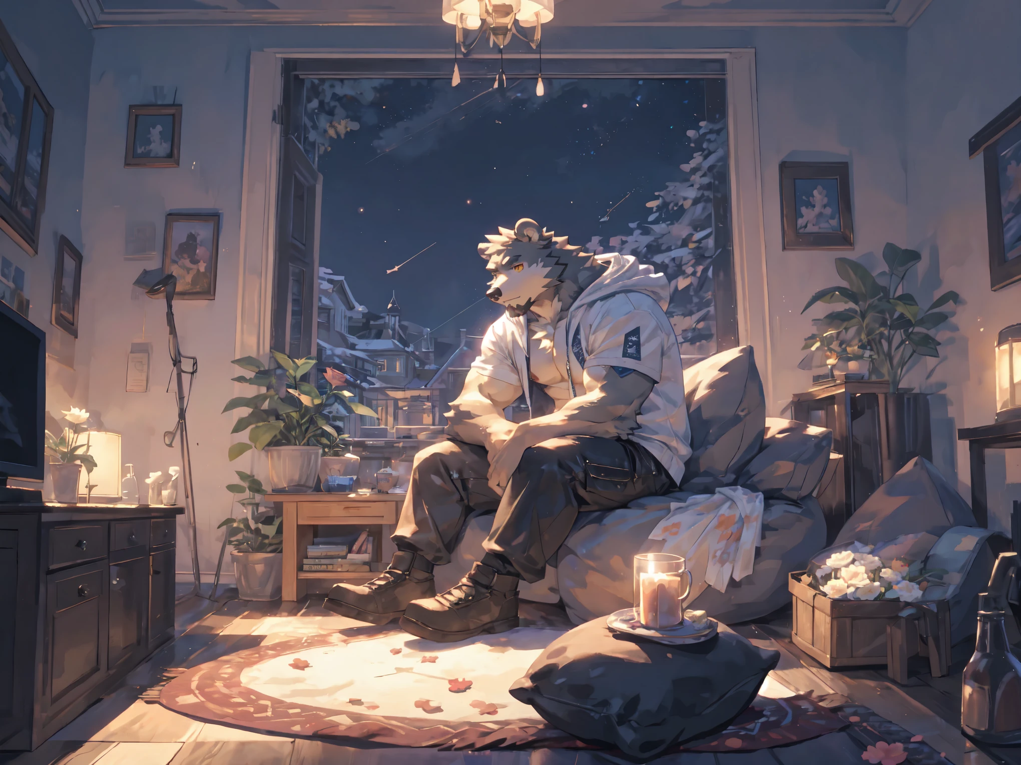 (masterpiece:1.2), best quality,pixiv,official art,perfect anatomy, (Ray tracing, light),solo, (1_male:1.3) , (muscle), (grey fur:1.4), (muscle bear), (beard:1.2), (gleaming golden eyes), bear tail, full body, Thick black eyebrows,(open short hoodie), (naked inside:1.2),cargo shorts, black short boots, (indoor:1.3),room, living room, flower, petal, star, sky , starry, rose ,milky way,rest on sofa, beanbag, beanbag sofa