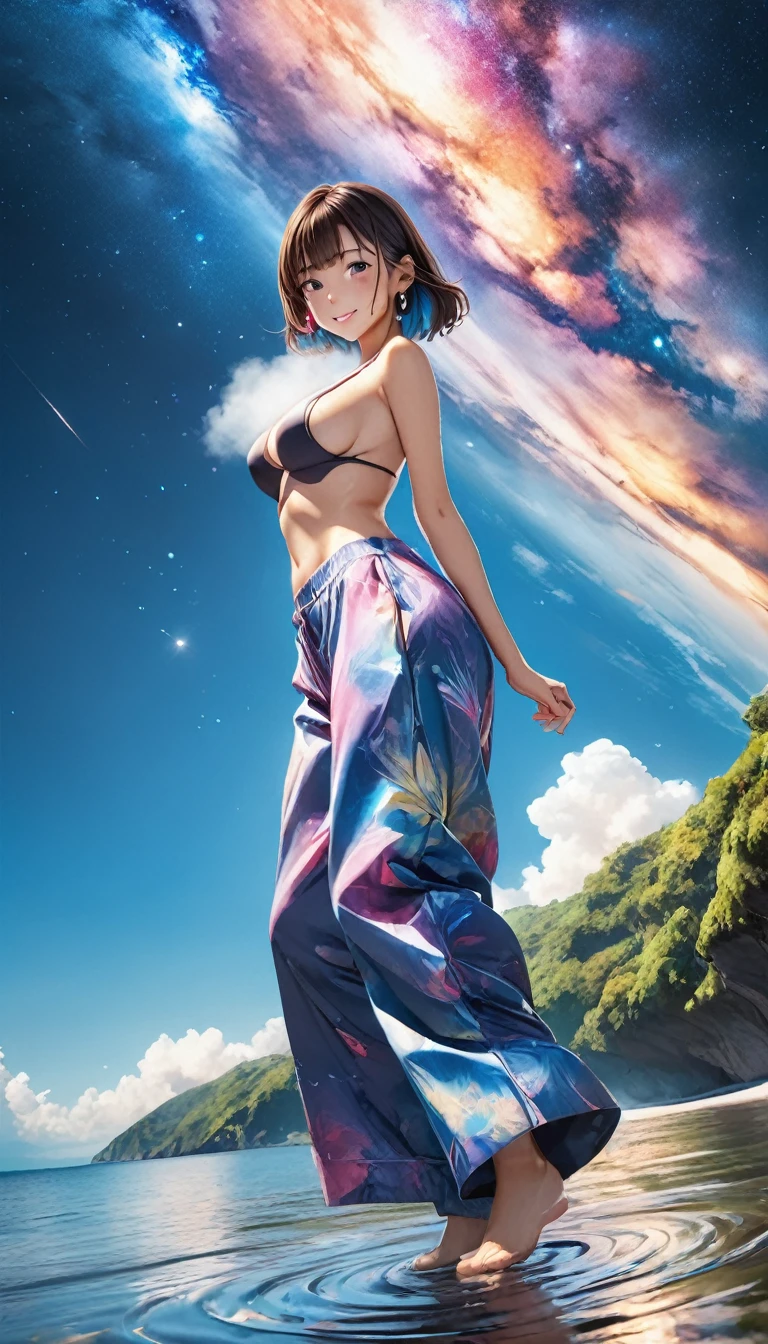 anime illustration, ((((highest quality)))), (((Ultra-precision CG 16K))), (((masterpiece))), BREAK skinny body, slender waist, medium Breasts, (((perky breasts))), ((sagging breasts)), (covered nipples),  (((tanned skin, tan lines))) , BREAK ( smiling, blush, determined expression, sweaty , Heavy breathing, embarrassed, ) , (natural make), BREAK narrow eyes, (streaked hair, hair intakes, colored inner hair, ) BREAK (((wearing printed oversized clothing , wearing wide-leg-pants, breasts is covered by outfit, (detailed panty), Narrow aisles,))) , wearing earrings , BREAK ( stick breast out, upside down )) BREAK  (( ripples , horizon , under the cosmic sky on the cosmic sea , cosmic effects)), (((full body shot, looking at viewer, ))), BREAK ((cinematic , from side , from below , (Distant view, Panorama), looking at viewer, )) , pinup magazine pose,