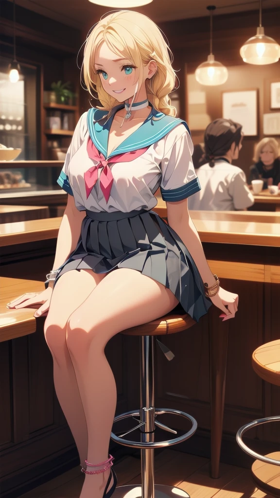 (modern cafe:1.4),

BREAK

nsfw:1.6, body has two arms, two legs and one head, (Each hand and toe has five a thumb, index finger, middle finger, ring finger, and pinky finger.),Top quality:1.2, best quality:1.6, ultra high resolution, masterpiece:1.5 ,4K, 8K, 32K, detailed lighting, shaders, perfect anatomy, perfect proportions, highly detailed, ultra detailed, super detailed:1.2, perfect eyes, perfect face, very delicate and beautiful, illustration, sharp focus, very beautiful and detailed anime face, very detailed eyes, cute:1.4,  impressionistic:1.2, blurred background, accurate depiction of arms and hands:1.4, accurate depiction of foot:1.4, Accurate human skeleton drawing:1.4, Anatomically correct human body:1.4,sexually attractive body:1.5,

BREAK

 (Beautiful American woman about 20s:1.3),(blue-green eyes),(dark skin:1.3), (tan lines:0.5),(Perfect proportions: 1.6),(full and beautiful breasts), (well developed breasts:), (Thin waist: 1.2), (Slender figure: 1.2), (beautiful buttocks),(natural breast:0.7),

BREAK 

(Beautiful blonde hair: 1.6),(single braid :1.6),(Bangs swept to the side, showing forehead: 1.5),

BREAK 

(Calm smile:1.5),(happy eyebrows:0.4),(embarrassed:0.5), (pink lipstick),(profile:0.8),(looking away:1.2),

BREAK  

(White choker:1.6) ,(necklace, bracelet, anklet: 1.3),( very realistic depiction of skin texture:0.8),

BREAK 

( Sitting stool:1.3), (bust up shot),


BREAK 
(Gray short-sleeved sailor suit1.7),(gray pleated middle length skirt:1.5), (loafers:1.1),