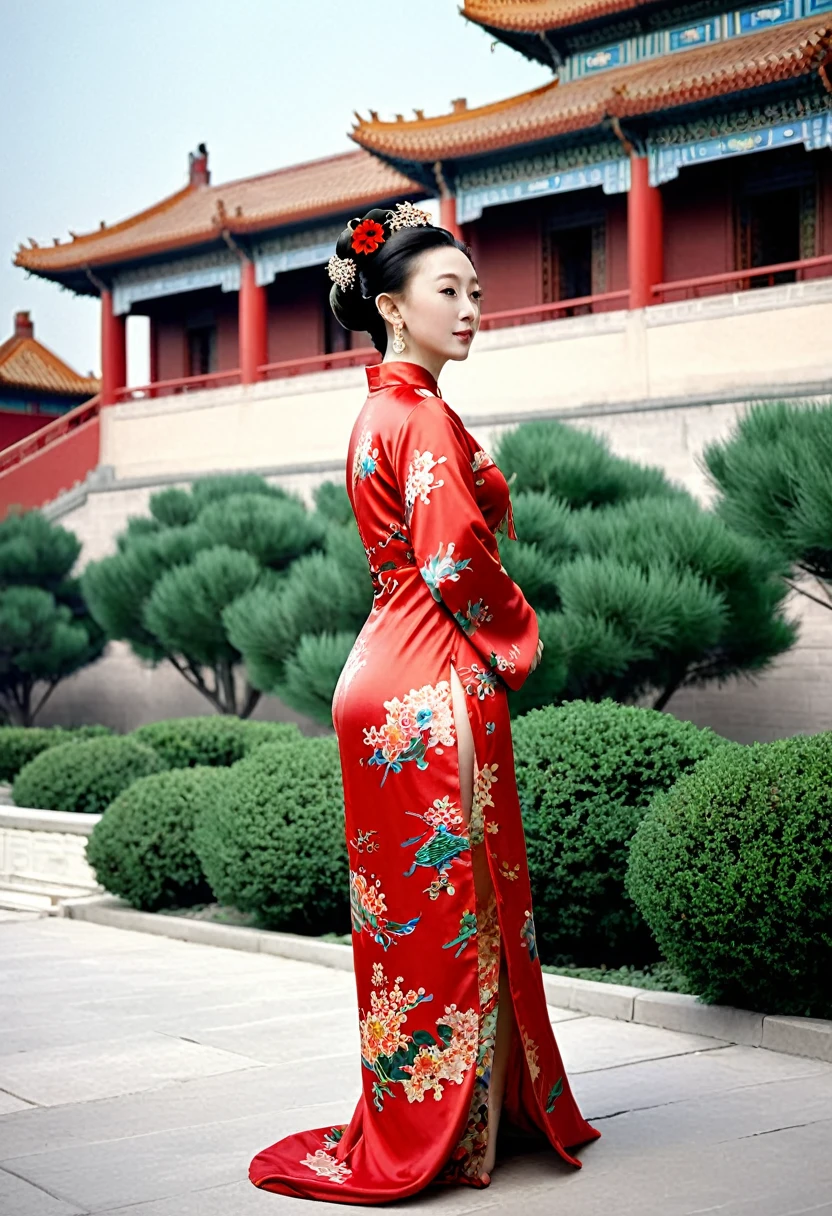 The empress of the Qing Dynasty is wearing a red floral patterned dress, posing naked with her buttocks exposed and her profile visible, outside the Qing Dynasty palace.