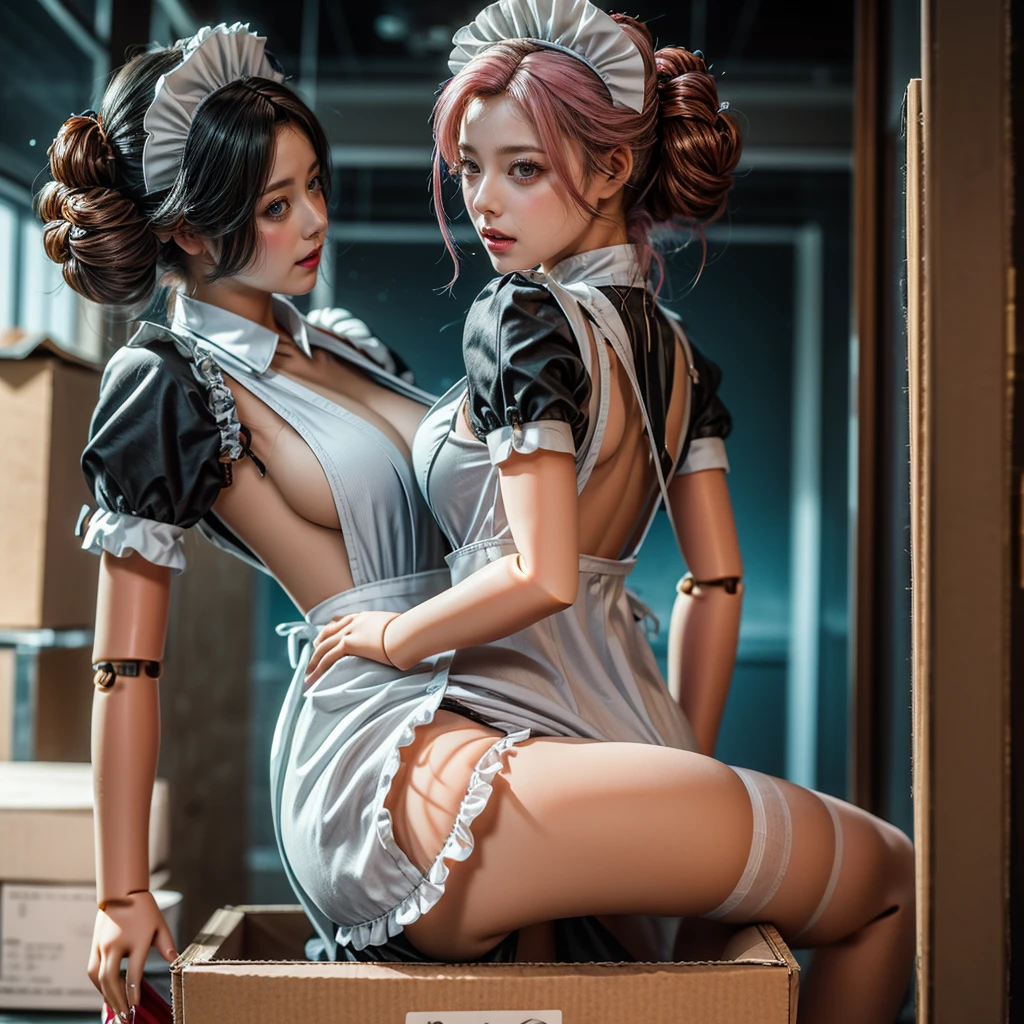 (Full Body of Extremely Detailed((3 Sexy Maid Dolls in a Box:1.37))), KAWAII perfect face with Reflective Eyes, Detailed(Delicate Clothing textures), Correct Graceful Legs, GiftBox with GlassCover, Specular Reflection, Cushioning Materials, TopQuality 8K Ultra-detailed masterpiece (ProfessionalPhoto:1.37), (Acutance:0.8), (Luminism:1.28), Renaissance art style, Colorful Light particles, (Full body from side) {MicroMini Skirt|Kissing Face to Face|Thigh Gap|Cute Peach AssFocus|(NakedApron with (Overflowing Sideboob))}, Radiant Fine Skin with Transparency, (Exposed:0.4) {Pink Hair|LightBlue Hair|Blonde|Pure White Hair|Liquid Hair|Red Shoes}, Perfect Lighting