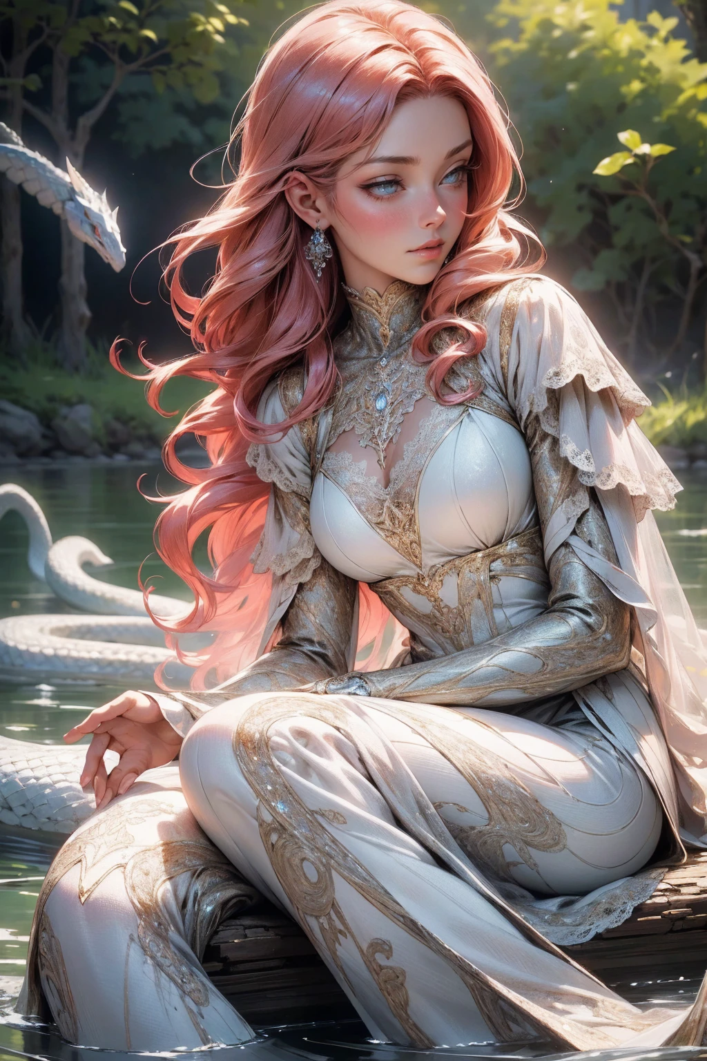 {-erro_de_anatomia:1.0}(best quality,4k,8k,highres,masterpiece:1.2), ultra-detailed, (realistic,photorealistic,photo-realistic:1.37), mature milf, illyasviel von einzbern, redhead hair, upper body, vibrant colors, glowing skin, mesmerizing eyes, brown eyes, elegant pose, enchanting background, delicate lace dress, surreal lighting, ethereal atmosphere, mystical aura, intricate details, artistic medium, digital illustration, fantasy, anime, sitting on the water looking at viwer, white snake