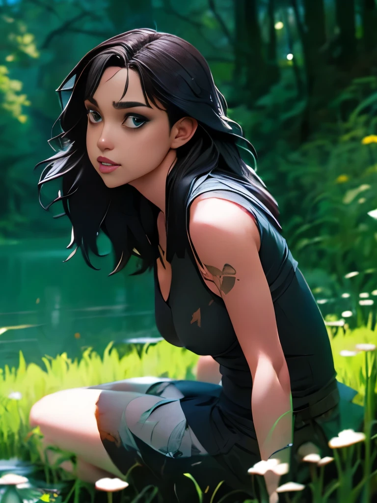 arafed woman sitting in the grass by a body of water, cyberpunk art by loish, tumblr, conceptual art, overgrowth. by makoto shinkai, with haunted eyes and dark hair, jeffrey jones, hauntingly beautiful art, eerie art style, ( ( ( horror art ) ) ), eerie and grim art style, dark illustration