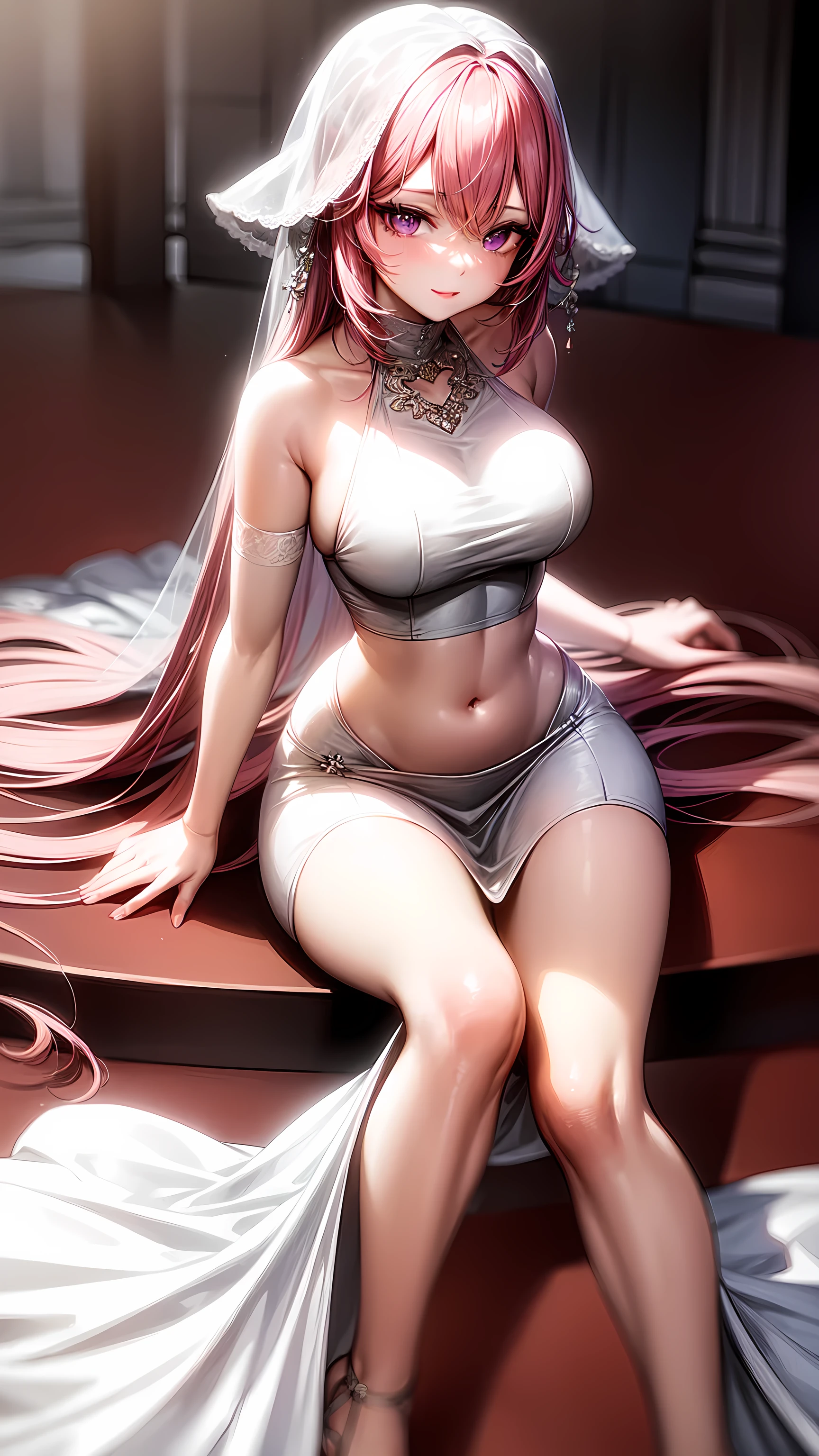 High resolution, masterpiece, official works, anime art, cinematic light, perfect anatomy, Lacus Clyne, attractive anime girl, 1girl, pink long hair, hair ornament, slender body, shiny skin, huge breasts, (naughty tits, well-shaped breasts, detailed breasts), heavy breathing, bewitching smile, blush, white dress, (Full body see-through dress, not wearing underwear, Breasts exposed), sit deeply on the sofa, (((she opens her legs wide for the viewer, seduce the viewer, exposing pussy))), focus on pussy, Photographed up close,