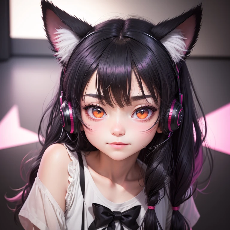 Black Hair, Hair ties, Falter, Long eyelashes, Round eyes, fake animal ears, A light smile, Redness in the ears, tooth, Headphones, Cat ear, Pink Hair, Hair Ribbon, Star-shaped pupils, Mismatched sclera, Cat ear, shy, Surrealism, Cast a Shadow, Anaglyph, Stereogram, tachi-e, throw, Atmospheric perspective, Projected Inset, From above, Verism, close, 8k, Accurate, 最high quality, 超High resolution, Attention to detail, 超High resolution, Super Detail, Attention to detail, high quality, High resolution, 最high qualityの雷高冷刀