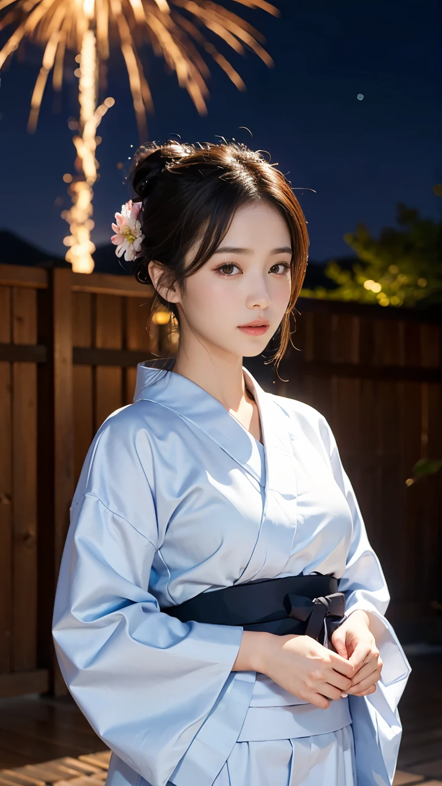 Highest quality,masterpiece,Ultra-high resolution,(Realistic:1.4),One person,(yukata:1.2),Night Sky,firework