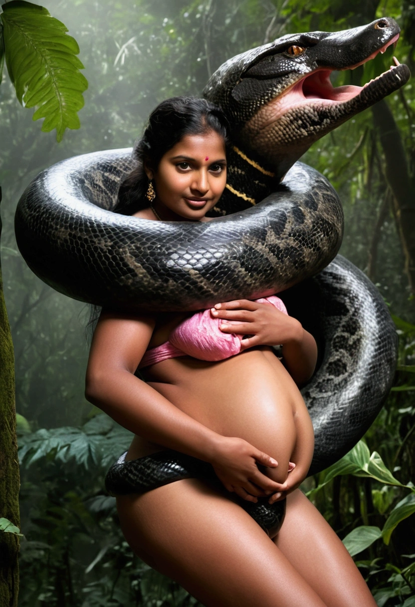  Pregnant Topless  pink g-string  wearing aroused horny beautiful happy young Indian teen girl vs  Giant colossal black anaconda monster wrapped around her body squeezing her in coiled embrace cuddling and kissing  sexual erotic bestiality  sex  realistic in the rainforest full body, best quality wet 