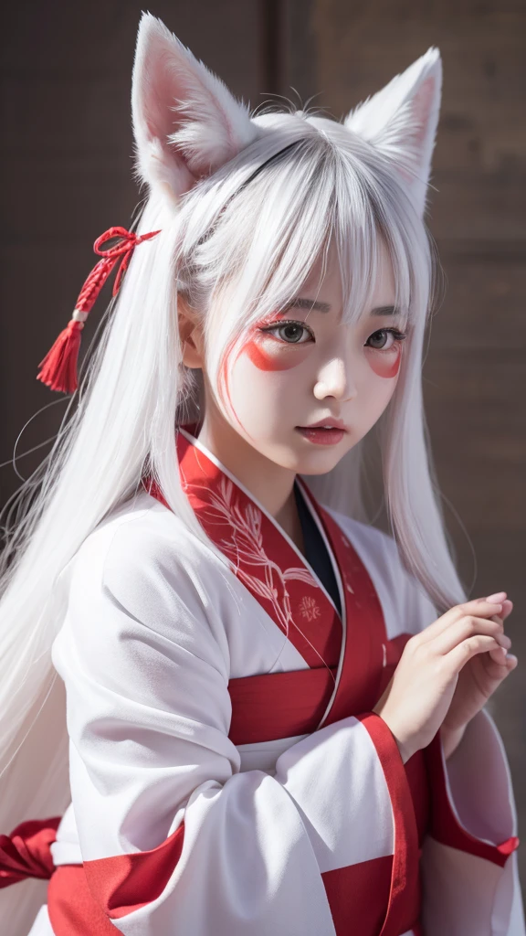 White Demon Fox、Nine-tailed Fox、Japanese women、kimono、Fair skin、Red lines on face、8K、I have long hair