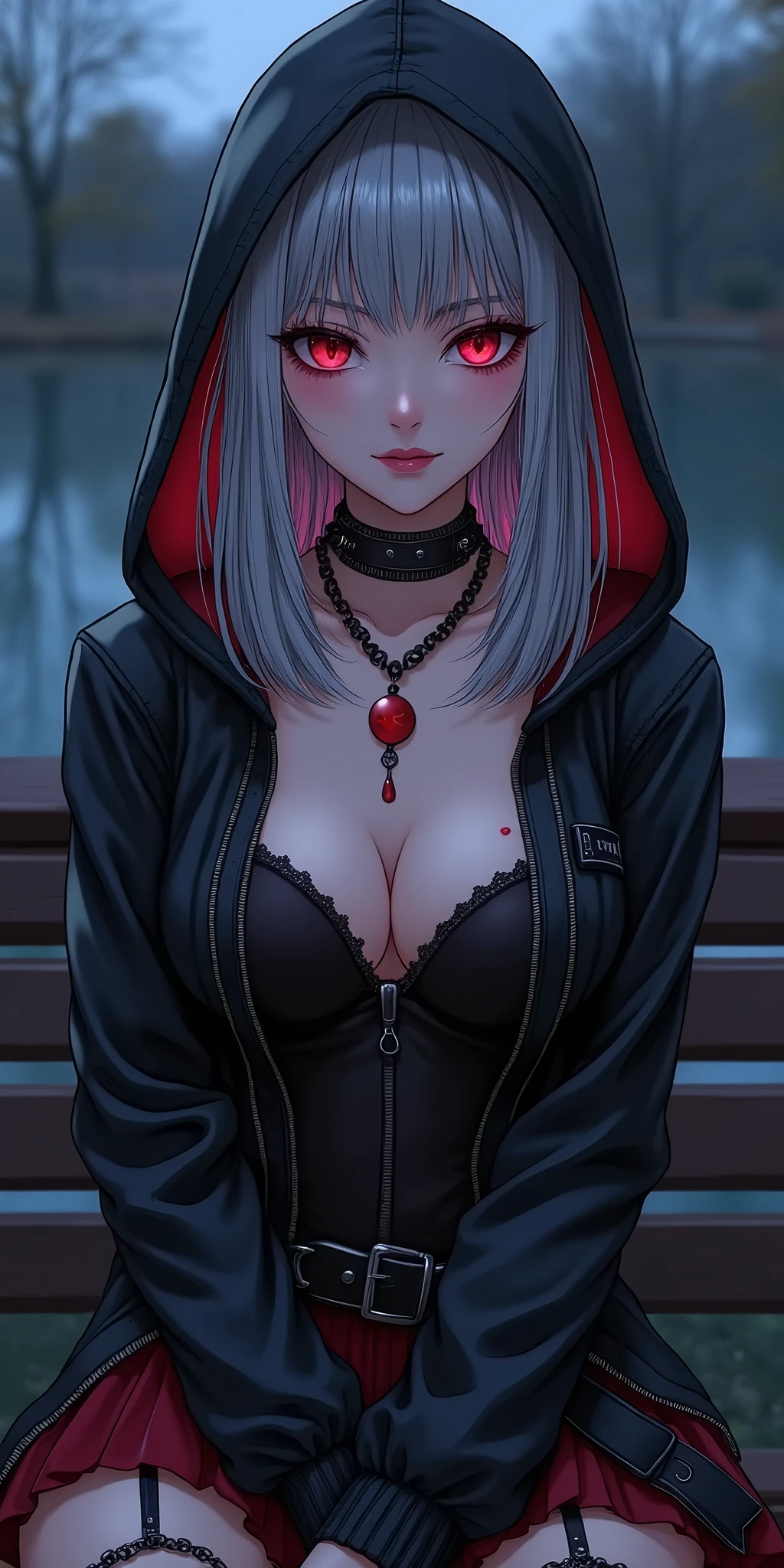 (best quality, ultra-detailed, photorealistic: 1.39), bright and vibrant colors, studio lighting, romantic expression, An effeminate girl, with a delicate and beautiful face. Beautiful and adult woman with her straight loose silver hair matches the gothic makeup, her dark red eyes and mischievous smile, with her large seductive breasts, cleavage, dark style, hood, leather jacket, pleated skirt with belt, dark makeup. She have a horny face, like a manwha character, chain details, in the park at night, lake, trees, sitting on the bench, seductive cleavage, manga style, anime features manga style, fully body , she is in love, like a manwha character style